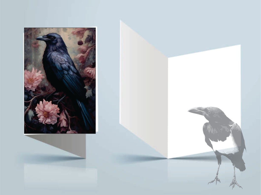 Greeting cards Raven and flowers